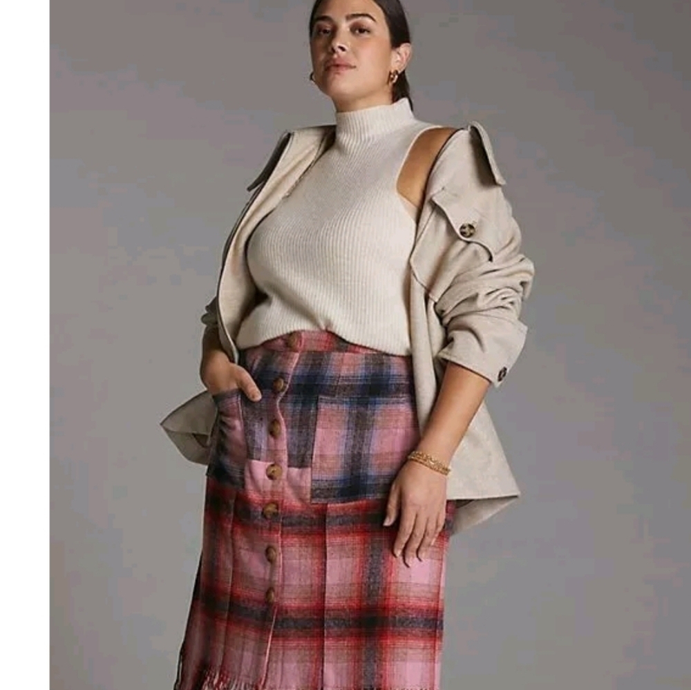 Maeve Anthropologie Plaid Fringed Wool Skirt Pink Combo Size 12